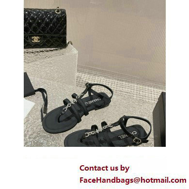 Chanel Satin, Metal  &  Strass Thong Sandals G40128 Black 2023